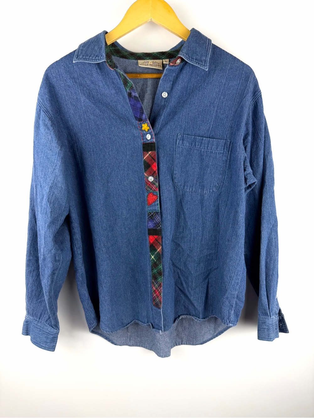 Vintage Denim Shirt Folk Art Patch Trim Susan Bristol Grandmacore Sz L Cottage